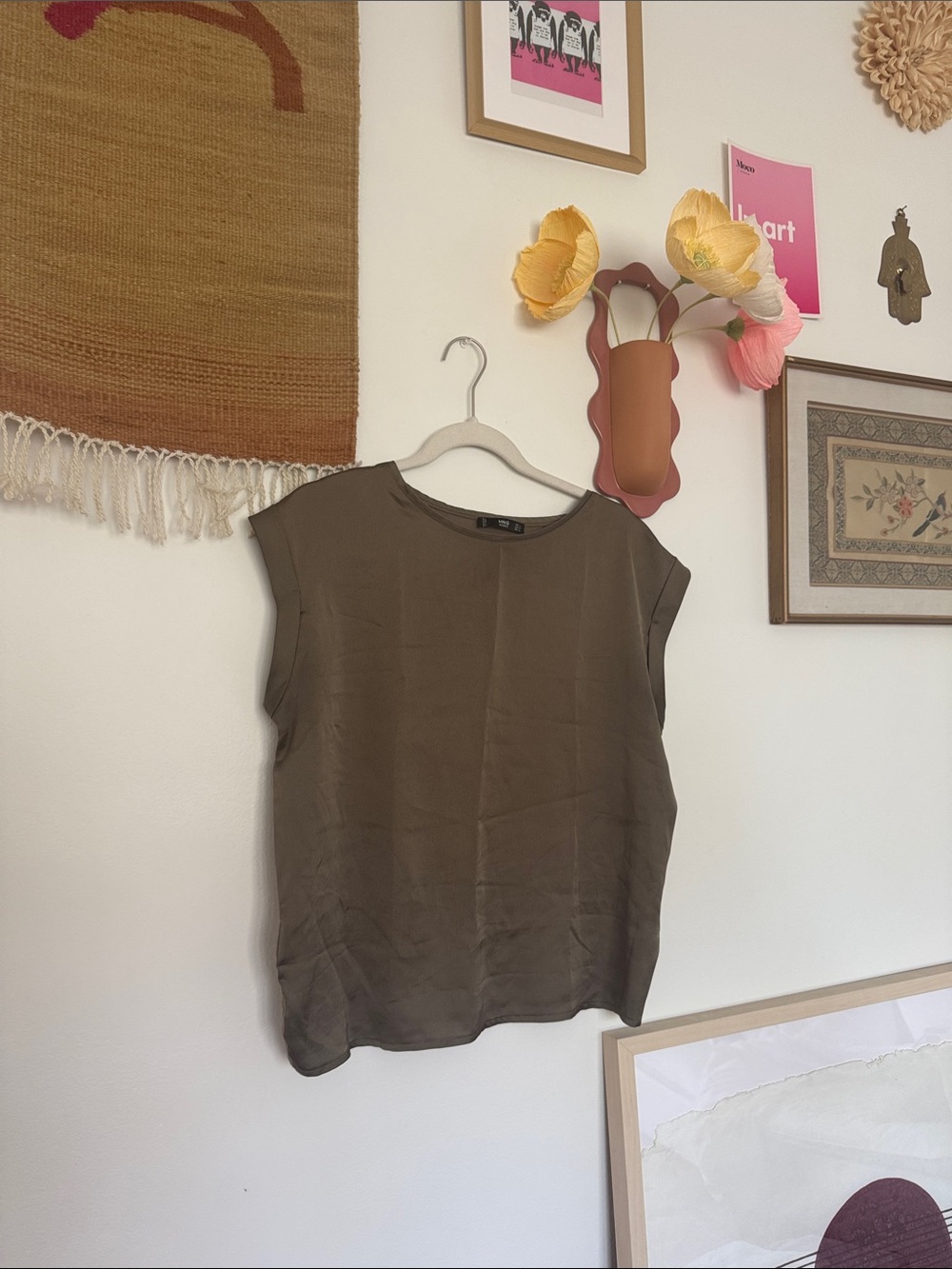 Mango Olive Cap-Sleeve Woven Shell Top